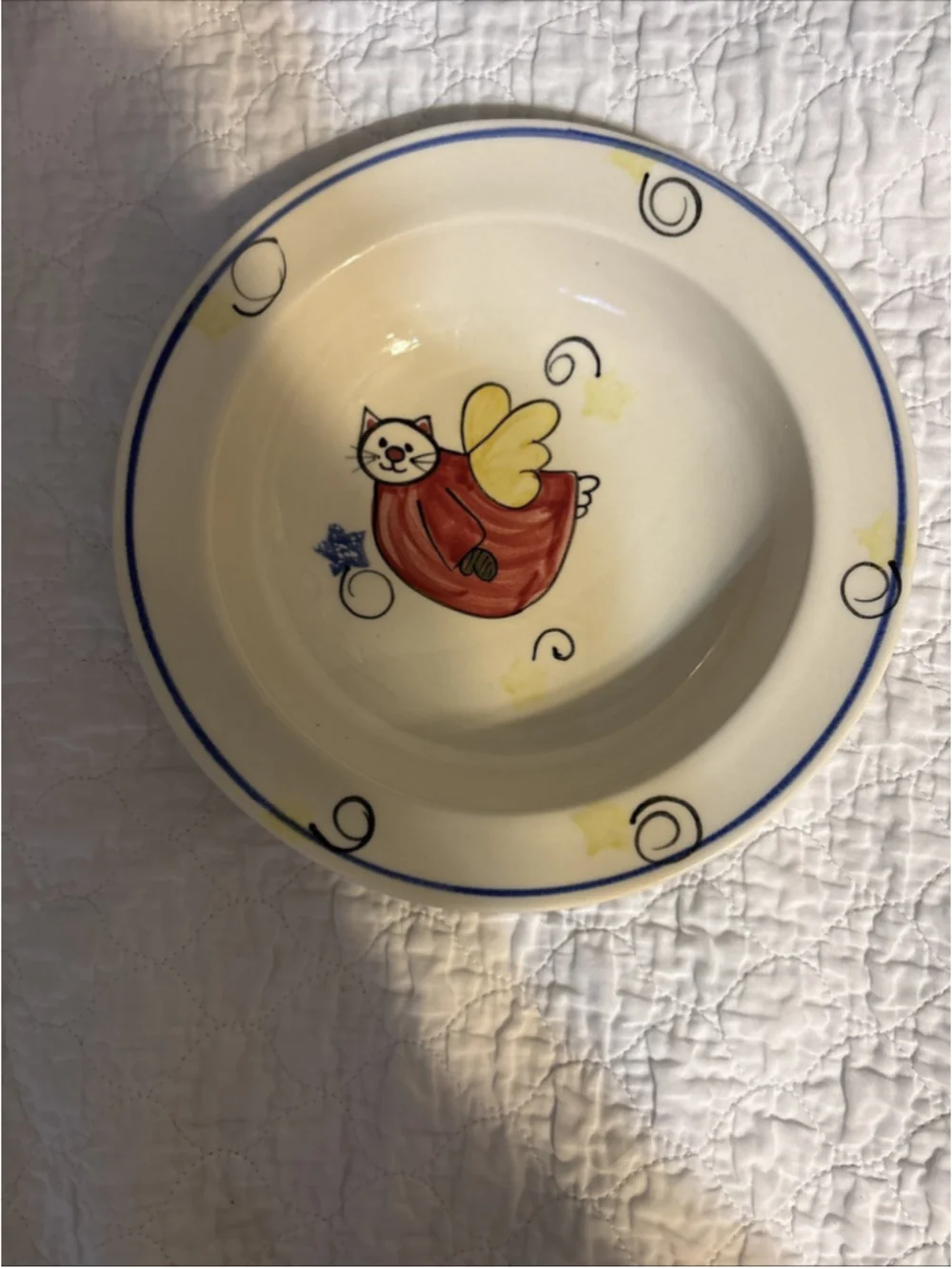 Vintage Emerson Creek Pottery Whimsical Angel Cat Bowl 1990s. (1098)